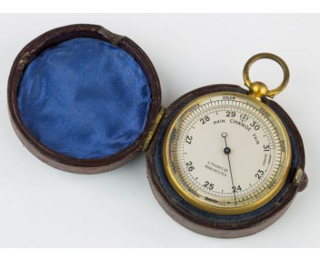 A late 19th century pocket barometer by A. Franks of Manchester, the gilt brass instrument with signed silvered dial and rota