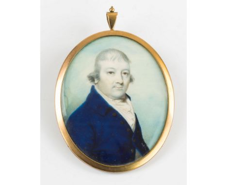 A portrait miniature 'Mourning' pendant, 19th century, an oval bust portrait on ivory of a gentleman wearing a cobalt blue ja