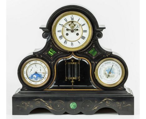 A 19th century Belgian slate multi-dial mantle clock, circa 1880, within a trefoil form slate case, bearing 5¾in. (14.7cm.) w
