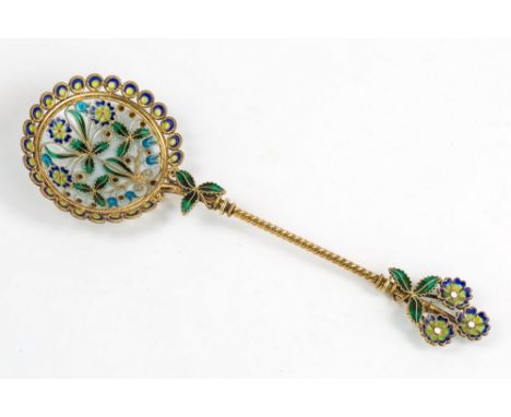 A Norwegian silver gilt and plique à jour spoon, circa 1920, barley twist stem with floral and foliate terminal to a filigree