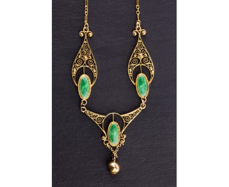 A 15ct yellow gold and enamel pendant necklace, in the Art Nouveau manner, early 20th century, the three part filigree pendan