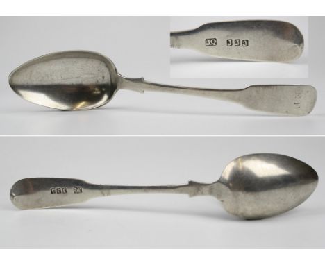 An early 19th century Channel Islands silver table spoon, maker's mark JQ struck once (Jacques Quesnel, Jersey, 1781-1843), a