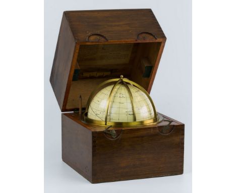 A cased Husun Star Globe by H. Hughes &amp; Son Ltd., London, c.1920, the 7in. globe with lacquered brass horizon and meridia