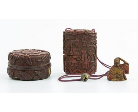 A Japanese carved cinnabar lacquer inro, late 19th century, rectangular form, four compartments with nashiji interiors, relie