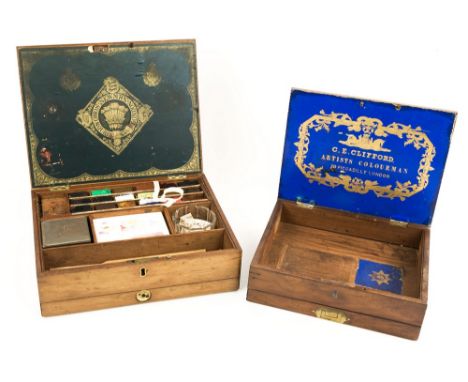 A Victorian mahogany watercolour artists box, made by J.Newman, circa 1870s, rectangular mahogany box, hinged lid lifting to 