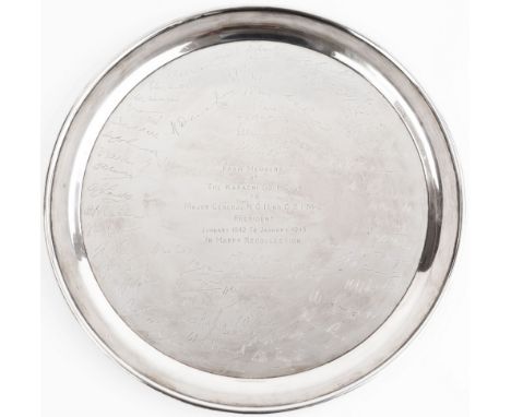 Indian Army military interest - An Indian silver salver, circular with uprising rim, engraved inscription to centre 'From Mem
