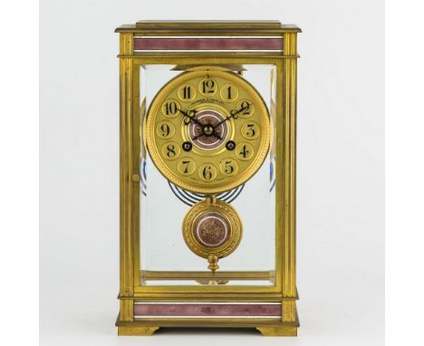 A 19th century French gilt brass and enamel four glass mantel clock, with signed Japy Frères et Cie. eight day twin train mov