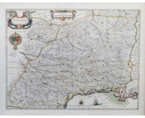 Willem Janszoon Blaeu (1571-1638), 'Languedoc', hand coloured engraved map with decorative title cartouche, arms, compass ros