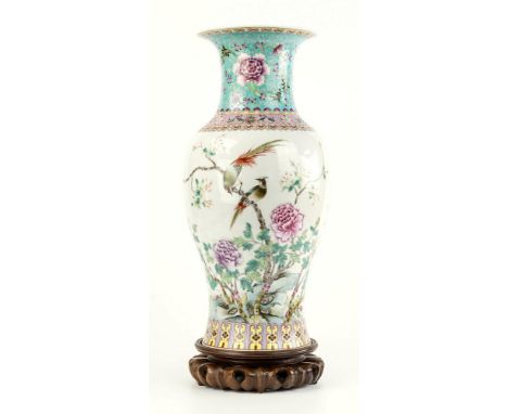 A large, good quality Chinese Canton style baluster vase, early 20th century, printed seal mark to base, flared and waisted n