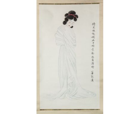 A small collection of Chinese style scroll paintings, second half 20th century, watercolours on silk and paper scrolls, in a 
