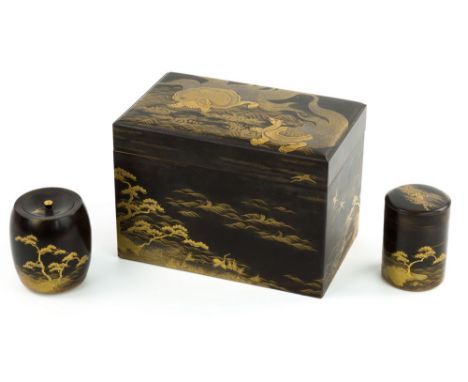 A Japanese maki-e lacquered caddy, Meiji period (1868-1912), rectangular form, removable lid with gilt decoration of two fan 