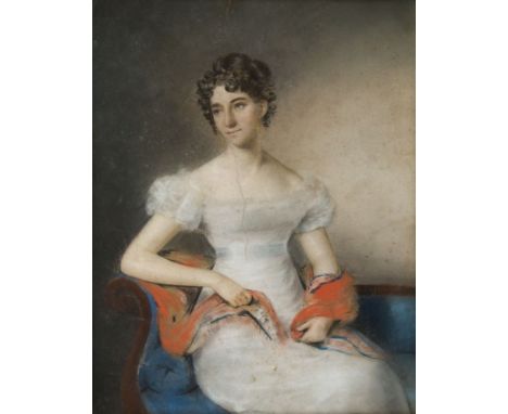 Australian School (mid-19th century), Portrait of Jessie Mansfield, in a white dress with red shawl around her waist, seated 