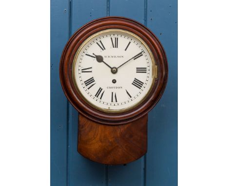 A small 19th century mahogany single fusee drop dial wall clock, the 8in. circular Roman painted dial signed for W. W. Wilson