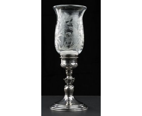 An Elizabeth II silver and cut glass storm lamp, B. S and Son, Birmingham 1971, glass tulip form shade etched with floral and