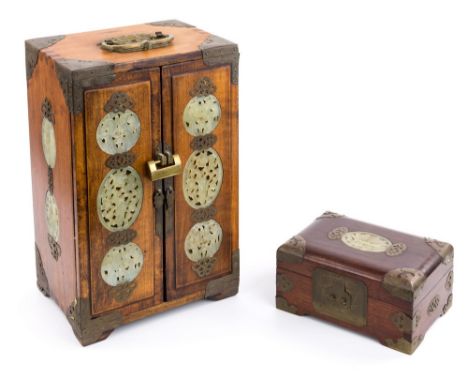 A Chinese brass mounted hardwood table top jewellery cabinet, mid-20th century, brass scroll carrying handle on pierced shou 