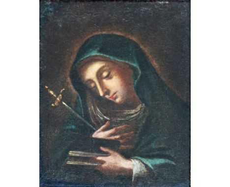 Continental School (late 18th century), head and shoulders portrait of The Madonna, with head bowed, clasping a sword across 