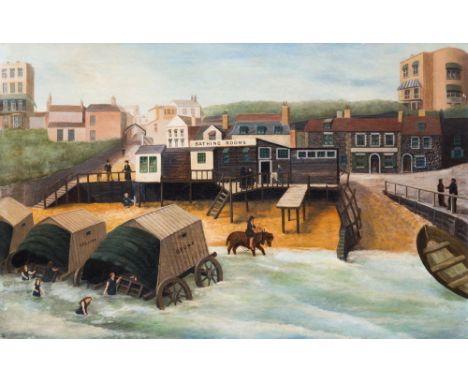 English Naive School (mid-19th century), Bathing Machines and Bathing Rooms, probably Broadstairs, Kent, oil on canvas , 19½ 