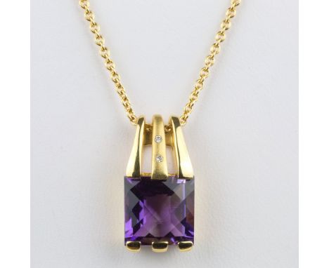 An 18ct yellow gold, amethyst and diamond pendant, the square, facet cut amethyst below a triple bar bale, the central bar mo