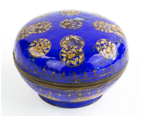 A Chinese cobalt blue enamelled brass dish and cover, 19th century, of bun form, both dish and cover with alternating single 