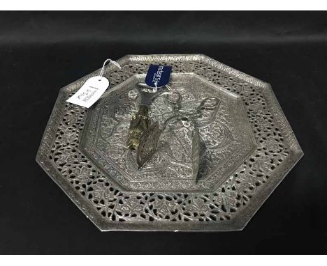 LOT OF WHITE METAL ITEMS INCLUDING ORIENTAL STYLE TRAY along with heart shaped spoon marked sterling, other spoons, tongs etc