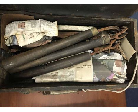19TH CENTURY LEATHER WORKING TOOLSalong with leather die cast and two other boxes of vintage workmans tools