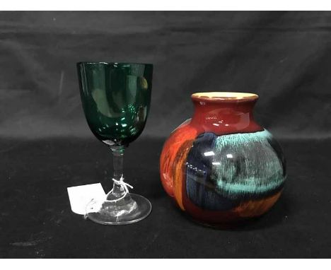 SIX VICTORIAN WINE GLASSES with green glass bowls; along with a modern Poole pottery vase and wooden incense holder