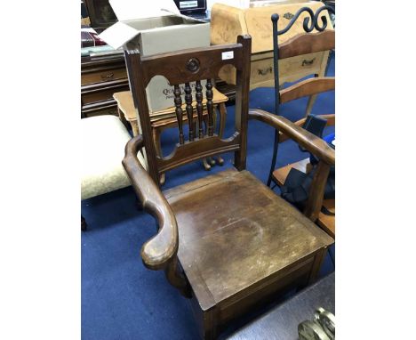 MAHOGANY COMMODE ARM CHAIRtogether with an upholstered stool