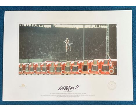 Evel Knievel signed A3 colour lithograph print of his 1975 Wembley Stadium jump limited edition 68/750 was commissioned by th