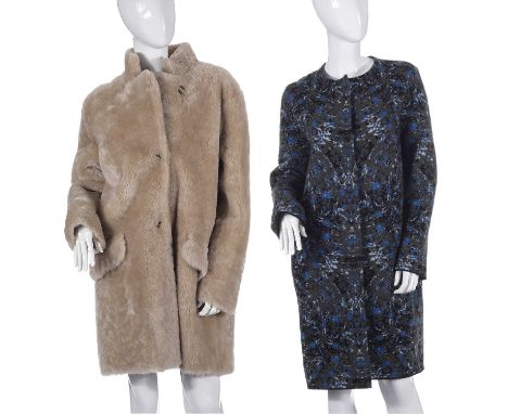 Two designer coats, to include a khaki, turquoise, black and white camo patterned wool cardigan coat by Missoni, with snap bu