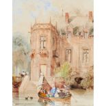 Hippolyte-Jean-Baptiste Garneray (1787 Paris - 1858 ebda.) Gotisches Wasserschloss mit Personen in e