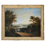 Süddeutscher Künstler der Mitte des 19. Jahrhunderts Flusslandschaft mit Brücke, Staffagefiguren und