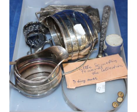 A silver handled magnifying glass, a car mascot, a small quantity of silver plate and three buttons decorated with portrait m