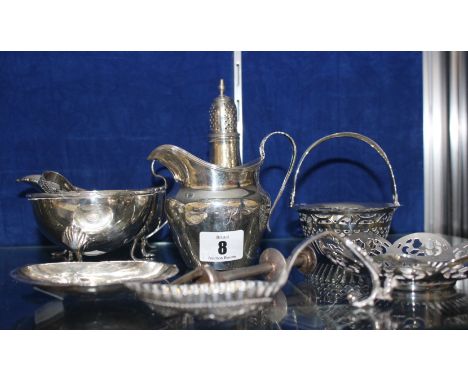 A George III silver pepper, Thomas Shepherd, London, 1789, of typical form, cream jug, sauce boat, three silver dishes, a bon