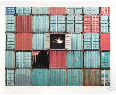 JR (French b.1983) 'The Ballerina Jumping In Containers, Le Harce, France, 2014', 2018, lithograph in colours on 250 grms BFK