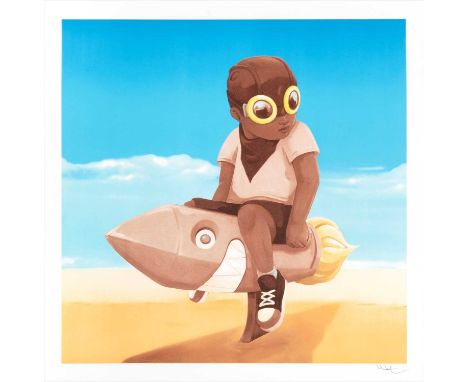 Hebru Brantley (American b1981), 'Boy On Rocket', 2018, lithograph on colours in 300 g BFK Rives paper, signed and numbered f