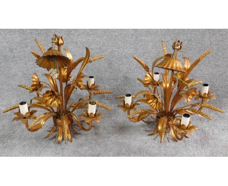 A pair of gilt metal four light ceiling chandeliers with wheatsheaf decoration. H.42cm 