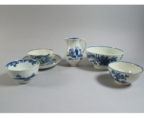 A Collection of Six Pieces of Worcester and Caughley Blue and White Wares to Include Chinaman Sparrowbeak Jug, 9cm, Mother an