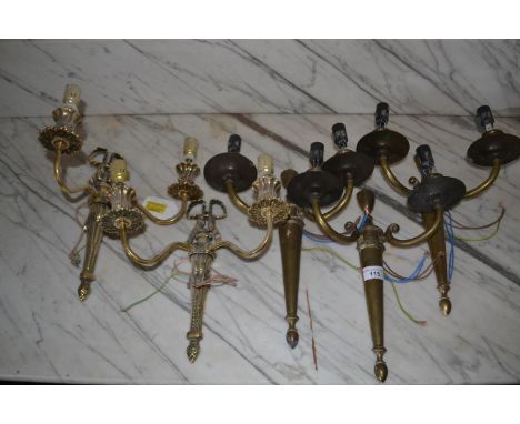 A set of three brass two-light wall lights, and another pair (5) 