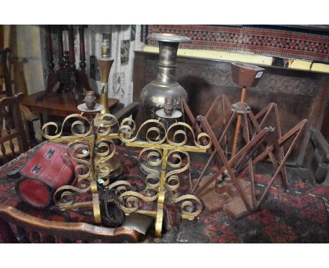 A wool winder, 52 cm high, a pair of wrought iron lamps, a brass lamp, a vase and items 