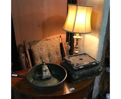 A gesso jewellery type box, a copper pan, a brass lamp, and a metal flask 