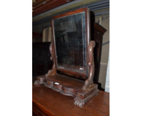 A Victorian mahogany dressing mirror, 61 cm wide, a low x frame chair, and a painted shelf, 140 cm wide (3) 