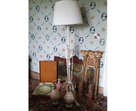 A travelling washstand, 39 cm wide, two mirrors, a painted Victorian standard lamp, and three pairs of table lamps (10) 