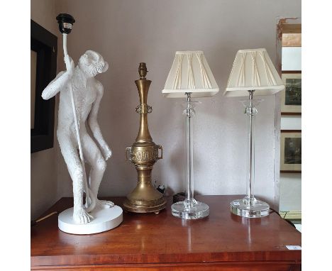 A pair of perspex lamps, a monkey lamp, and a brass lamp (4) 