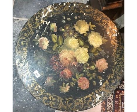 A Victorian tripod table, painted flowers and with gilt decoration, 61 cm diameter 