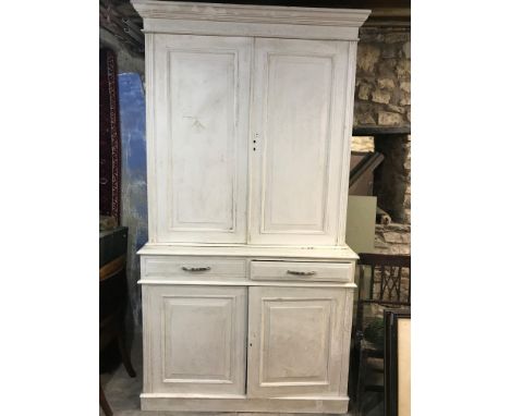 A painted cabinet, having a pair of panel doors, above two drawers and another pair of panel doors, 124 x 226 cm high 