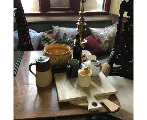 A Chinese ginger jar, 12 cm high, other ceramics, a brass lamp, and two wooden boards 