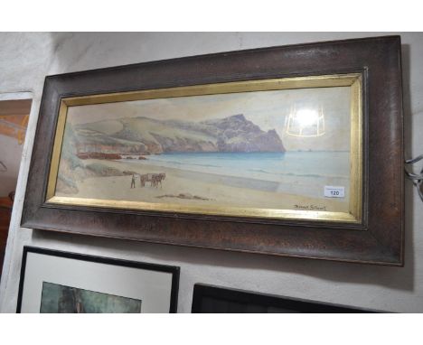 Ernest Stuart, a donkey and cart on the beach, signed, 26 x 74 cm, five other pictures, and a crewel work panel (7) 