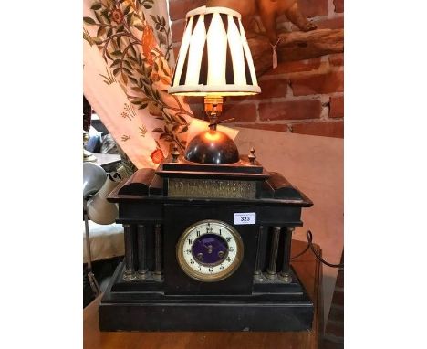 A Victorian black slate mantle clock, adapted in to a lamp, 40 cm wide 