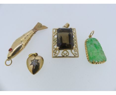 An Oriental foliate carved jade Pendant, in a yellow gold mount with Oriental character marks, together with a small 15ct gol