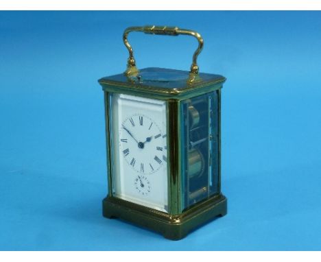 A late 19thC French gilt-brass Carriage Clock, of five glass form, with alarm and repeat, the white enamel dial with black Ro